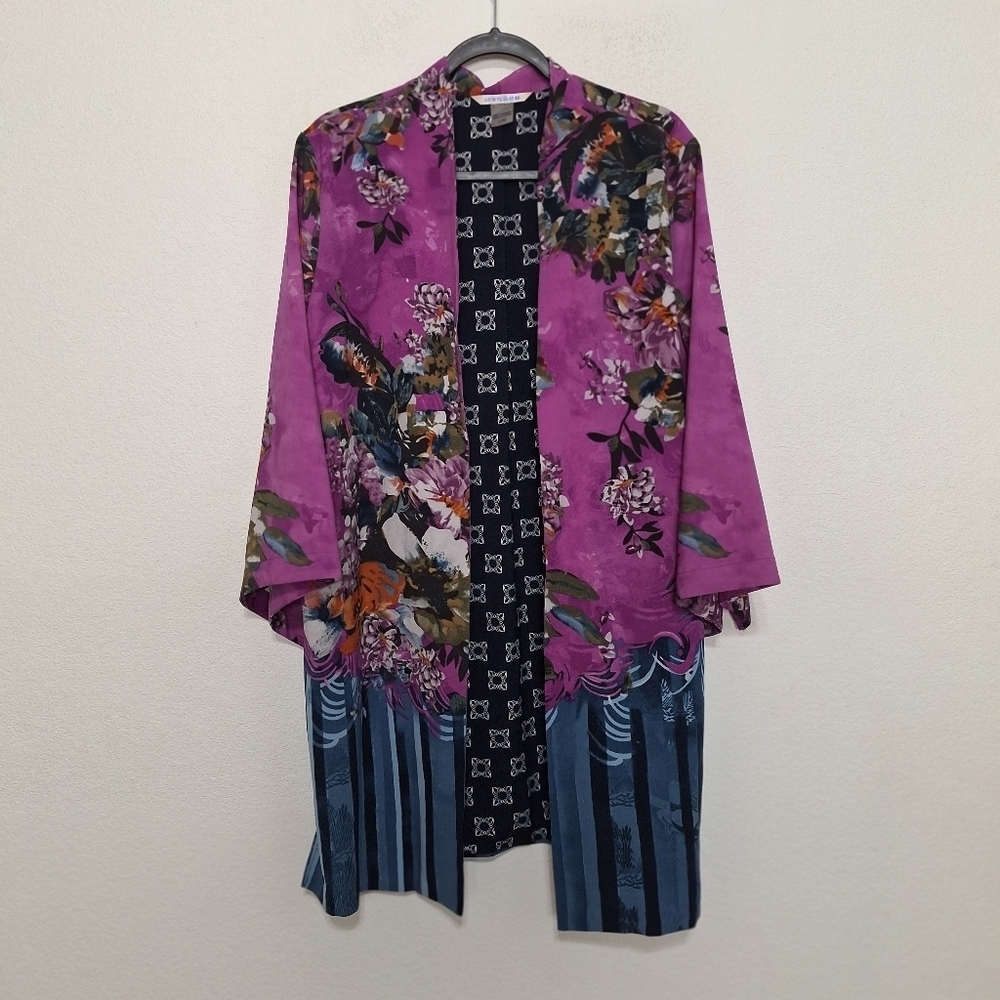 Peter Nygard Purple Floral Bohemian Boho Hippie 3/4 Sleeve Kimono Jacket Size L